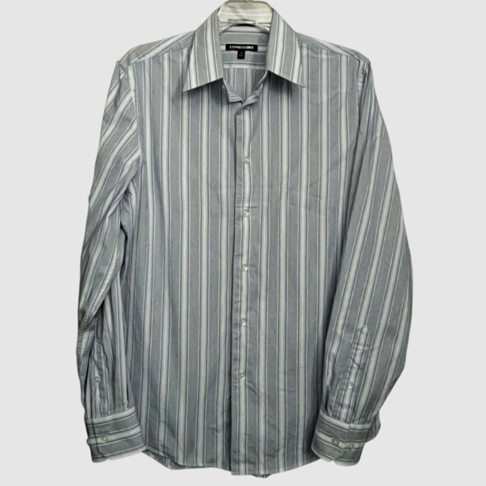 Express Men's Modern Fit Stretch 1MX Button Down Blue/Gray Stripes- Size Small